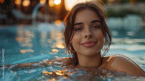Close up portrait of a beautiful woman with brown hair in a spa pool  relaxing and smiling at the camera  blurred background