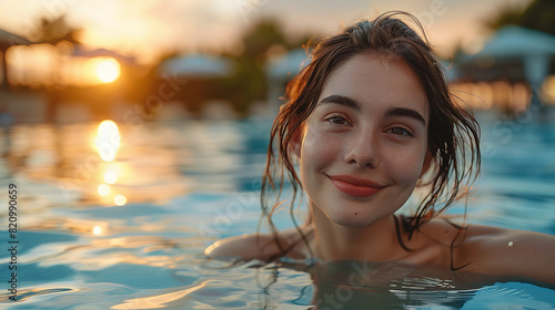 Close up portrait of a beautiful woman with brown hair in a spa pool, relaxing and smiling at the camera, blurred background