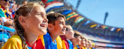 close up shot, happy international 3 to 10 year old children fans in colorful jerseys in olympic athletics stadium in paris with colorful flags sit in the stands 