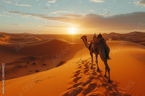 A camel and rider traverse the golden dunes of a desert at sunset  creating a stunning blend of colors and a tranquil  adventurous atmosphere.