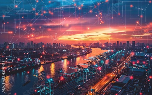 Maritime port cybersecurity  Prompt A hightech visualization of cybersecurity threats impacting a busy port during sunset