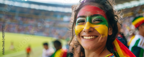 happy Bolivian soccer female fan with her face painted in the vibrant hues of the Bolivian flag, in soccer stadium watching a Bolivian national soccer team game with other soccer fans photo