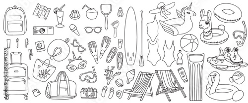 Hand drawn set of summer holiday elements, luggage, swimwear and beach accessories. Travel element drawn in doodle style. Illustration for banner, background, badge, logo design. Vector