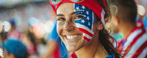 happy USA soccer female fan its face painted as USA National Flag in the rough style only on her left cheek, in soccer stadium watching a USA national soccer team game with other soccer fans 