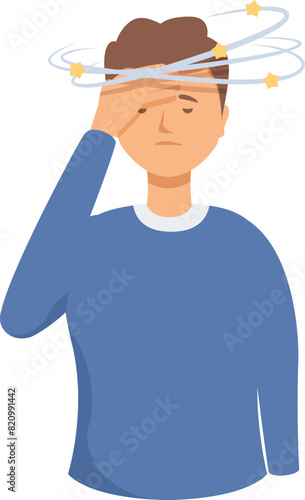Illustration of a dizzy man experiencing discomfort and imbalance due to vertigo and inner ear motion sickness, depicted in a simple flat design cartoon vector graphic