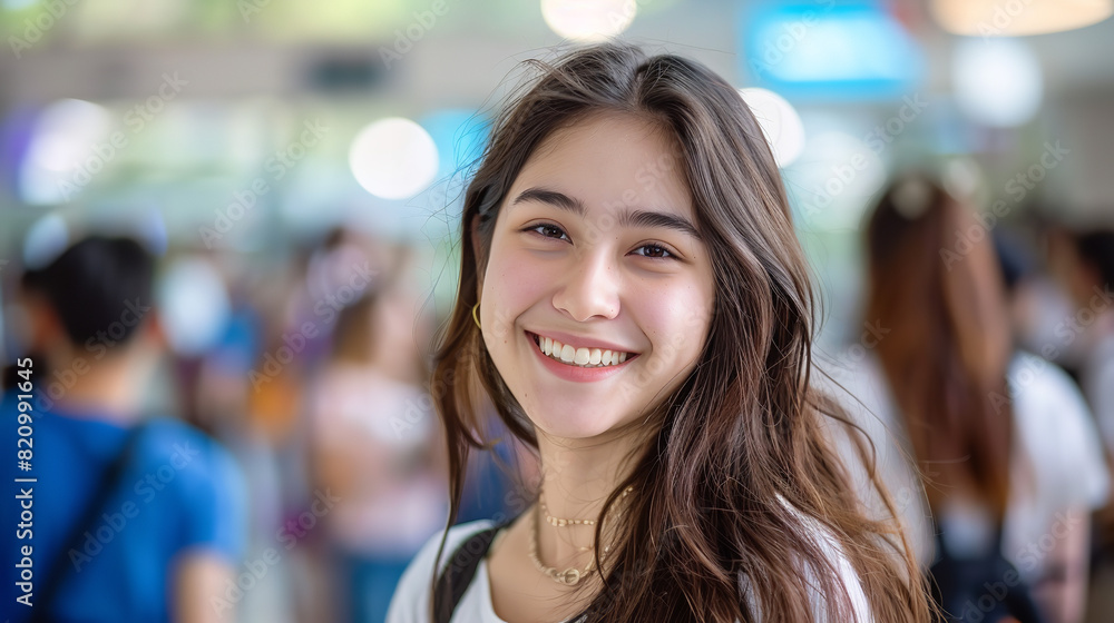 portrait of happy female student smiling at camera in school, blurred group of people on background