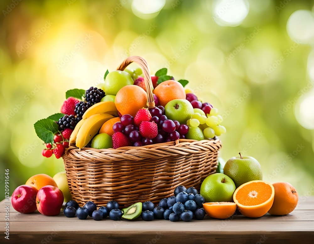 Basket of fruits on a wooden table, commercial photo for marketing use Basket of fruits on a wooden table, commercial photo for marketing use