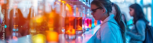 Young female scientist wearing lab coat and safety glasses conducts an experiment in a lab.
