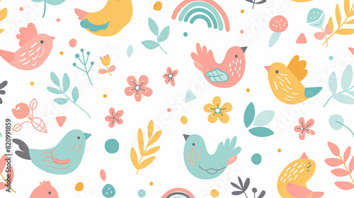 cute doves, small leaves, dots, rainbows, and flowers, all set against a white background