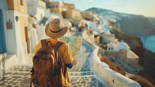 Fototapeta Naklejka Na Ścianę i Meble -  A tourist wearing a straw hat and carrying a backpack is looking at a map while walking down a street in Santorini, Greece