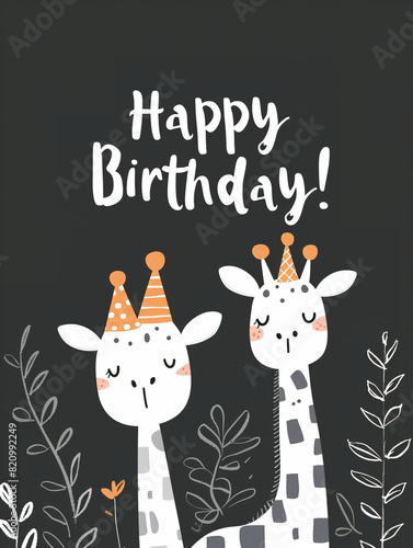 White "Happy Birthday!" Calligraphy on a Anthracite background. Cute cartoon of a giraffe baby under the text