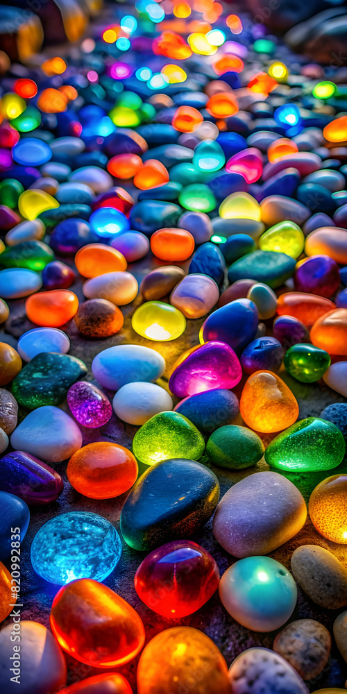 Step into a fantasy world where glowing pebbles of different colors and textures light your path, leading you to a hidden treasure. Step into a fantasy world where glowing pebbles of different colors and textures light your path, leading you to a hidden treasure.