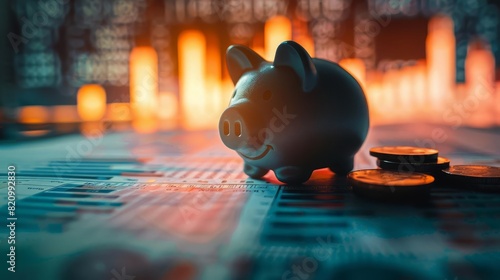 Sad piggy bank with empty coin slot, close up whimsical silhouette set against a backdrop of financial documents and charts photo