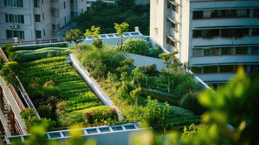 A green roof covered in vegetation sits on top of a city building, providing environmental benefits and insulation