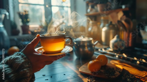 An inviting cup of steaming tea is held in a cozy hand. The warmth of the cup and the aroma of the tea create a moment of comfort and relaxation. photo