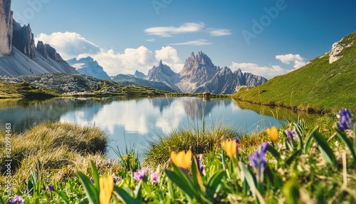 awesome nature landscape alpine lake with crystal clear water and frash grass and flowers perfect blue sky and mountains peaks incredible view of dolomites alps tre cime di lavaredo national park