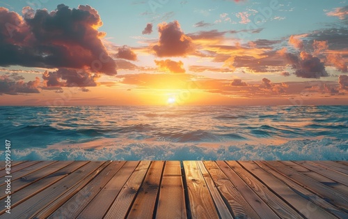 Summer beach platform for product promotion, focus on vibrant overlay with a sunset over the ocean as the backdrop