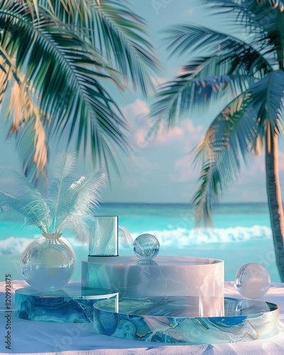 Vacationthemed product display on a beach podium, selective focus ethereal multilayer with a backdrop of palm trees and blue sea photo