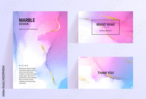 Abstract art vector illustration. Marble texture. Luxury graphic with acrylic alcohol ink. Set of liquid splash posters. Colorful holographic Gradient background for design. Fluid watercolor painting