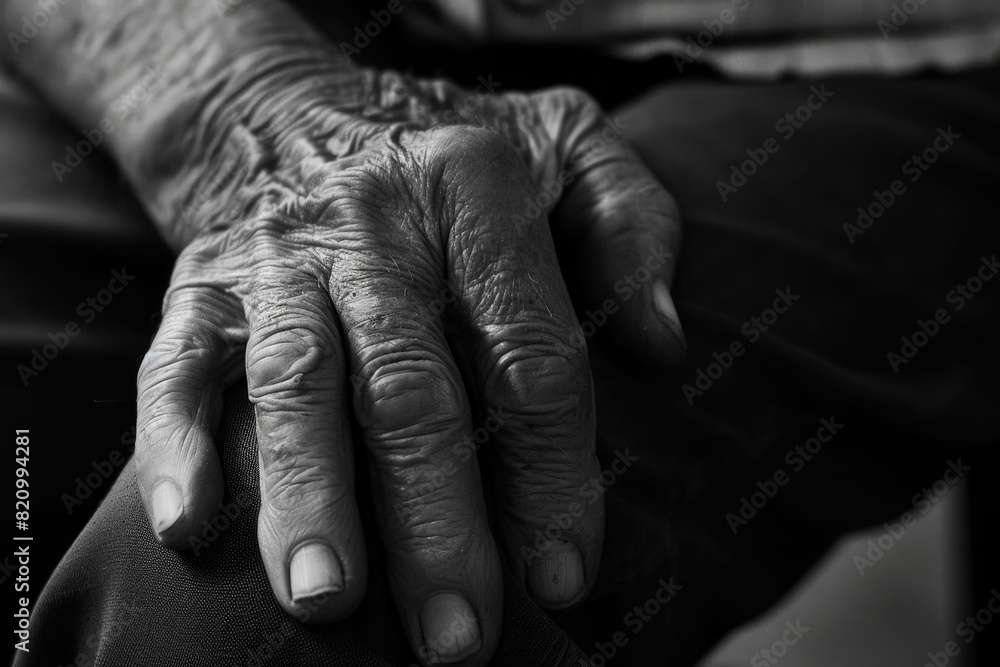 Fototapeta premium A close-up of an elderly persons weathered hands resting gently on the armrest of a wooden chair
