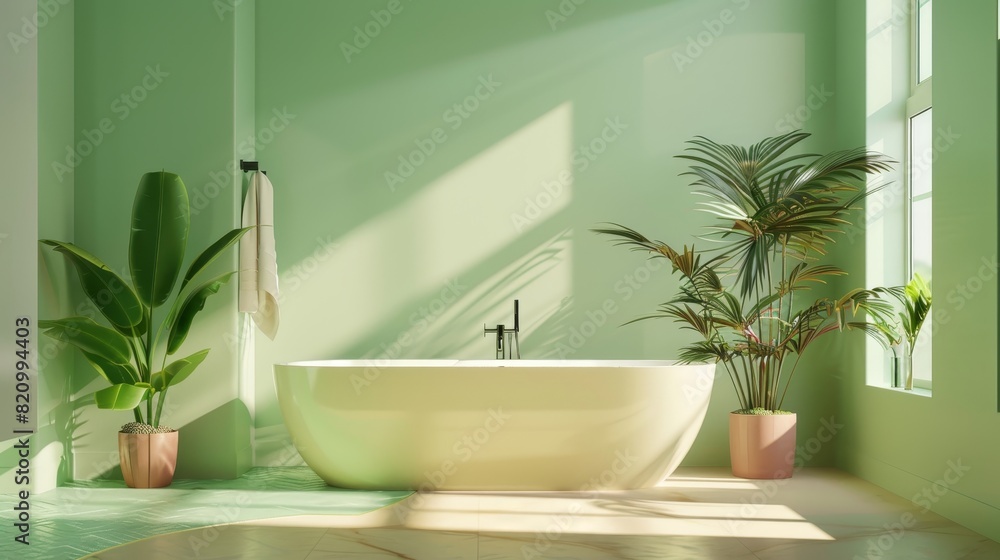 Fototapeta premium Close-up of a modern bathroom with soft green hues, featuring a freestanding bathtub, large windows, and potted plants, isolated background, studio lighting for advertising
