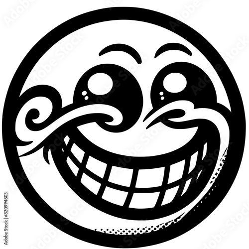 A crazy and funny smiley face in black and white, perfect for emotional expression illustrations, cartoons, humorous designs, and versatile creative projects