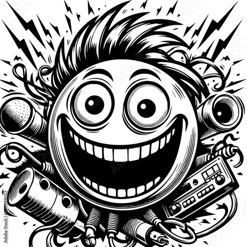 A crazy and funny smiley face in black and white, perfect for emotional expression illustrations, cartoons, humorous designs, and versatile creative projects