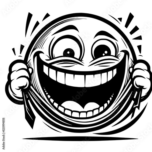 A crazy and funny smiley face in black and white, perfect for emotional expression illustrations, cartoons, humorous designs, and versatile creative projects