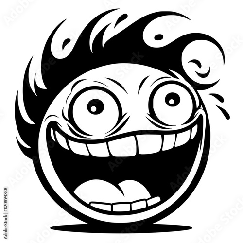 A crazy and funny smiley face in black and white, perfect for emotional expression illustrations, cartoons, humorous designs, and versatile creative projects