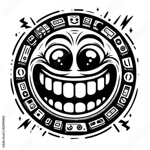 A crazy and funny smiley face in black and white, perfect for emotional expression illustrations, cartoons, humorous designs, and versatile creative projects