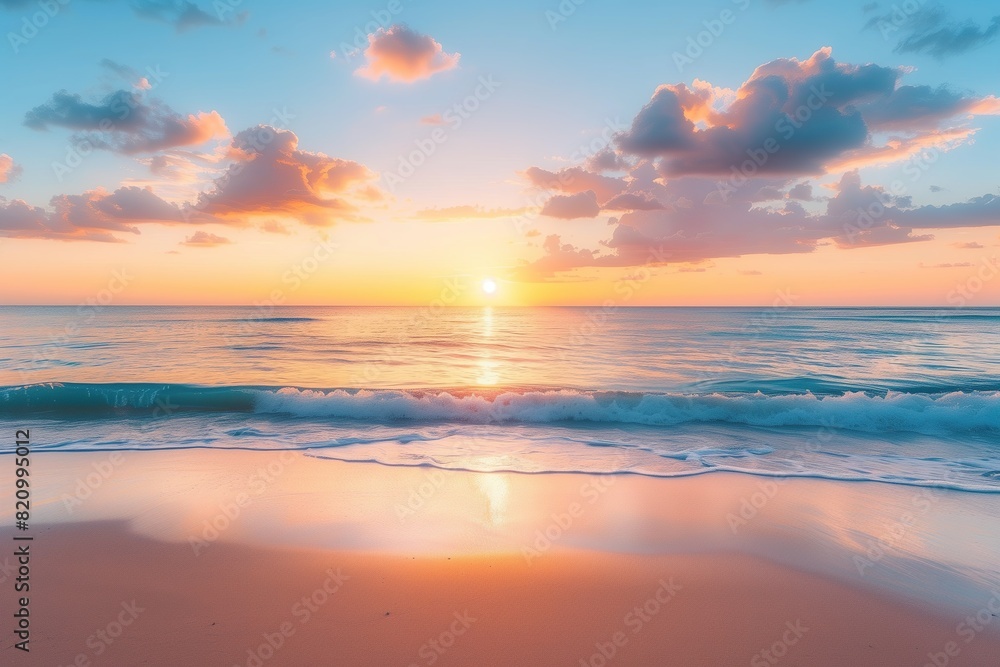 Beautiful beach sunset with a blue sky and calm sea, reflecting on the sand Beautiful beach sunset with a blue sky and calm sea, reflecting on the sand