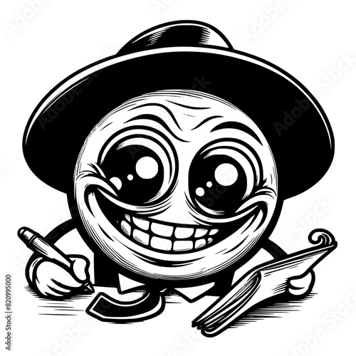 A crazy and funny smiley face in black and white, perfect for emotional expression illustrations, cartoons, humorous designs, and versatile creative projects