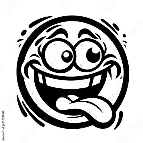 A crazy and funny smiley face in black and white, perfect for emotional expression illustrations, cartoons, humorous designs, and versatile creative projects