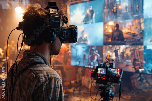 A cinematic scene where a filmmaker is using VR technology to storyboard a film, with virtual characters and environments displayed around them, emphasizing the innovative use of VR