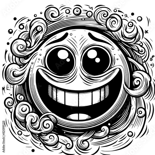 A crazy and funny smiley face in black and white, perfect for emotional expression illustrations, cartoons, humorous designs, and versatile creative projects