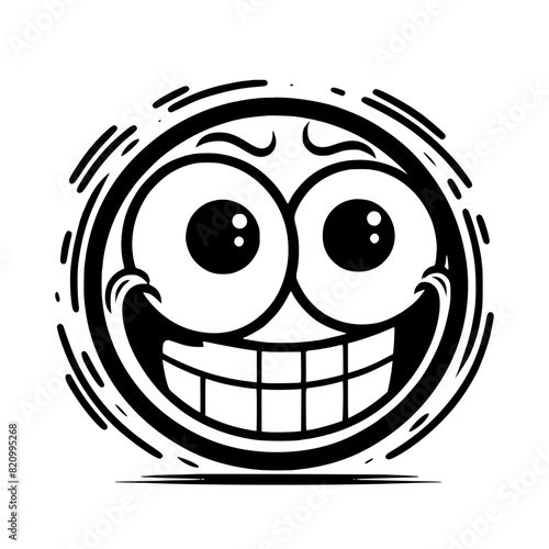 A crazy and funny smiley face in black and white, perfect for emotional expression illustrations, cartoons, humorous designs, and versatile creative projects