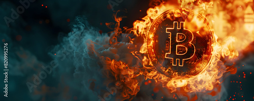 Fiery bitcoin symbol with smoke background