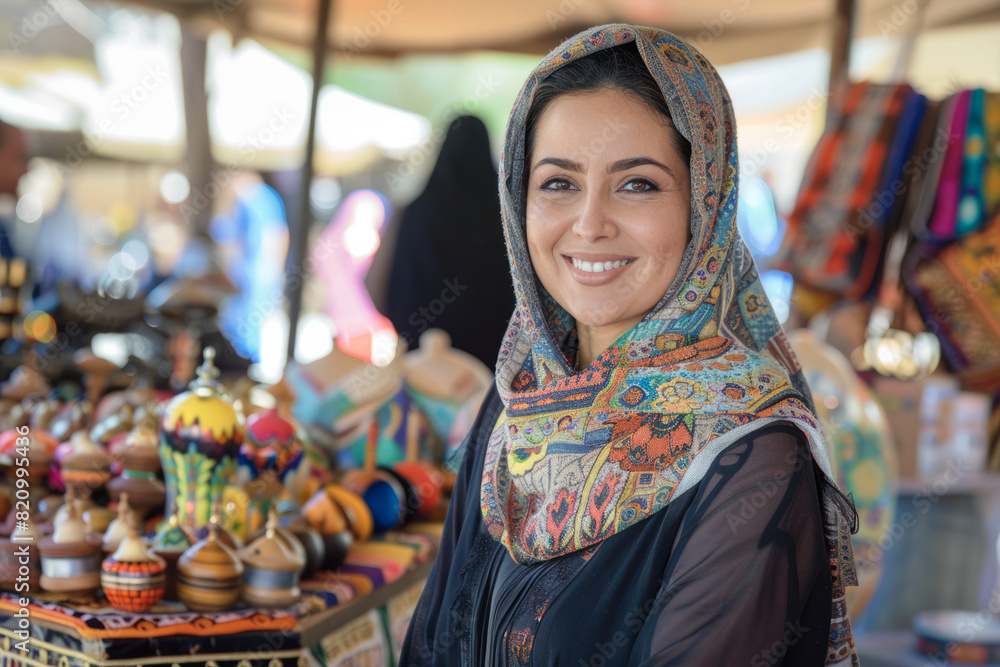 An Arabian entrepreneur, hosting a vibrant marketplace event showcasing exotic products and artisanal crafts from her homeland, fostering cross-cultural appreciation and economic empowerment within