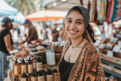 An Arabian entrepreneur, hosting a vibrant marketplace event showcasing exotic products and artisanal crafts from her homeland, fostering cross-cultural appreciation and economic empowerment within photo