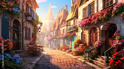 A charming cobblestone street winding through a historic town  lined with quaint cafes  colorful facades  and blooming flower baskets.