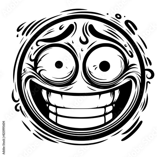 A crazy and funny smiley face in black and white, perfect for emotional expression illustrations, cartoons, humorous designs, and versatile creative projects