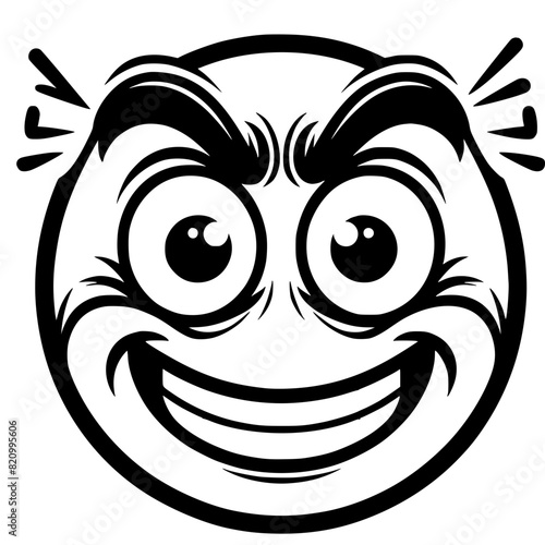 A crazy and funny smiley face in black and white, perfect for emotional expression illustrations, cartoons, humorous designs, and versatile creative projects