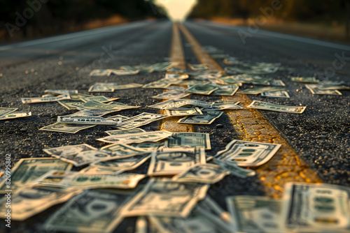 Scattered money on a deserted road