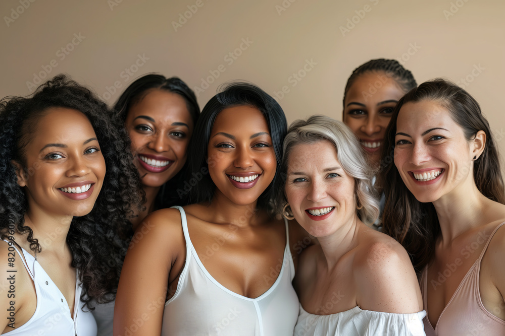 Portrait of six diverse women of different ages, all smiling and embracing. The image captures unity, happiness, and diversity, showcasing women from various backgrounds Portrait of six diverse women of different ages, all smiling and embracing. The image captures unity, happiness, and diversity, showcasing women from various backgrounds