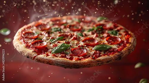 Pepperoni pizza with mozzarella cheese and fresh basil. Italian pizza is in the air.