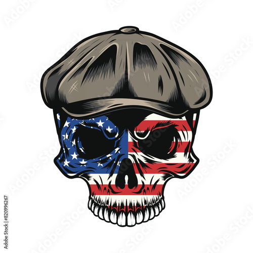 Skull wearing flat cap with USA flag in face vector drawing