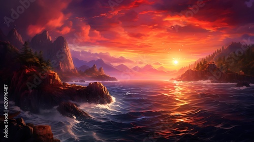 A dramatic coastal vista with rugged cliffs plunging into the turbulent sea below  under a fiery sunset sky ablaze with vivid colors.