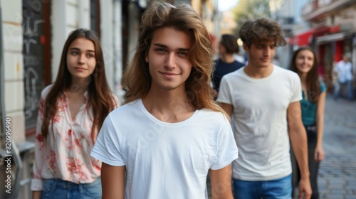 young man with two young woman, love triangle, outdoors shot © PaulShlykov