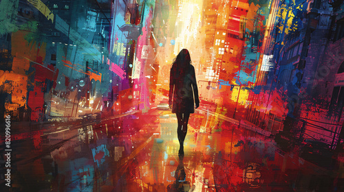 Woman walking through a colorful city street, depicted in an artistic, modern oil painting style