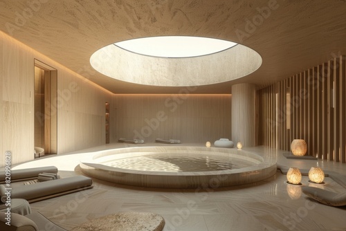 Wallpaper Mural create interior design of spa in luxury hotel, with circular sunken pool and round skylight above it, beige color theme, minimalistic architecture Torontodigital.ca